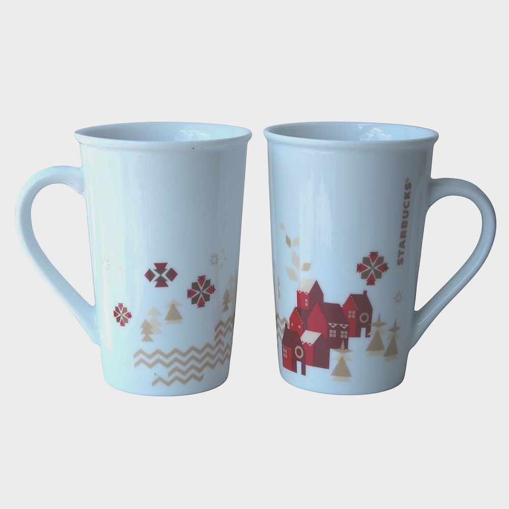 Starbucks Christmas Village Mug Set Tall Ceramic Holiday Design
